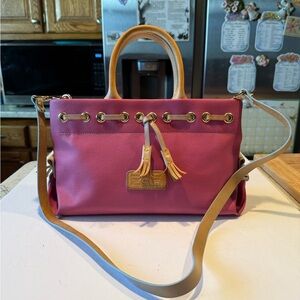 Dooney Bourke Pink Canvas Coat Leather Tassel Tote Crossbody Brass hardware
